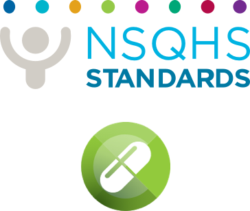 NSQHS logo and Medication Safety Standard icon