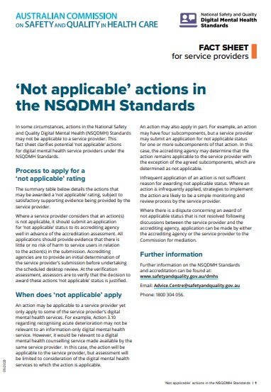 Not applicable actions in the NSQDMH Standards fact sheet