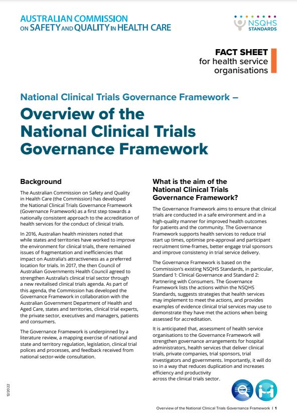 image of fact sheet for the National Clinical Trials Governance Framework