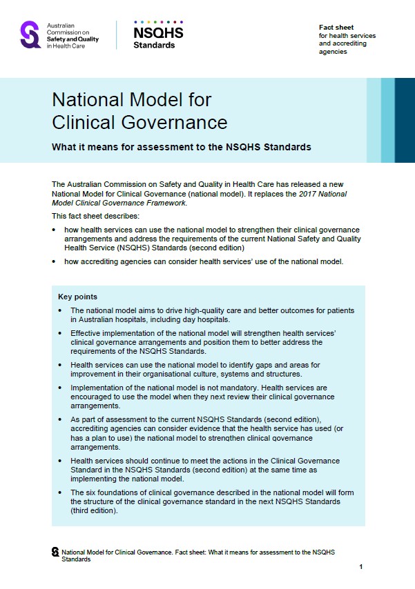 Thumbnail image for the factsheet on what the new clinical governance model means for assessment to the NSQHS