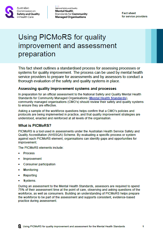Cover of PiCMoRS fact sheet for Mental Health Standards