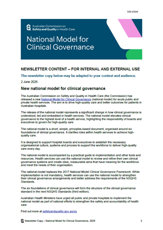 Thumbnail of Newsletter copy document for National Model for Clinical Governance Campaign