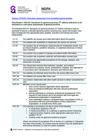 RACGP Standards for general practices (5th edition) indicators to be assessed at a relocation assessment of general practices