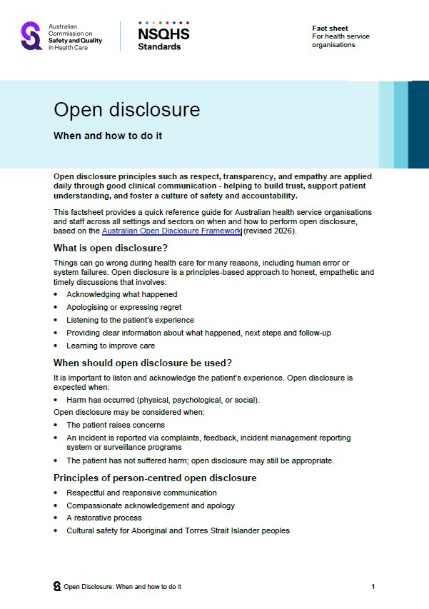 Thumbnail image for the open disclosure factsheet - when and how to do it