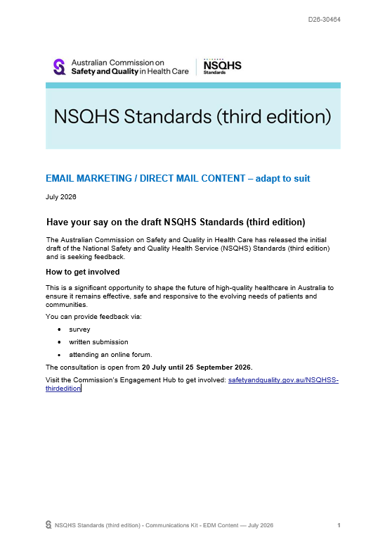 Thumbnail image for newsletter copy asking people to have their say on the NSQHS Standards (third edition) in 2026