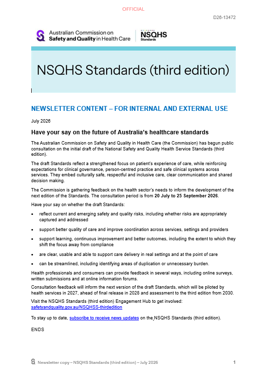 Thumbnail image for campaign - NSQHS Standards (third edition) newsletter copy