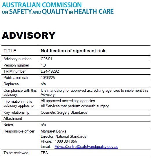 CS25/01: Notification of significant risk - Cosmetic Surgery
