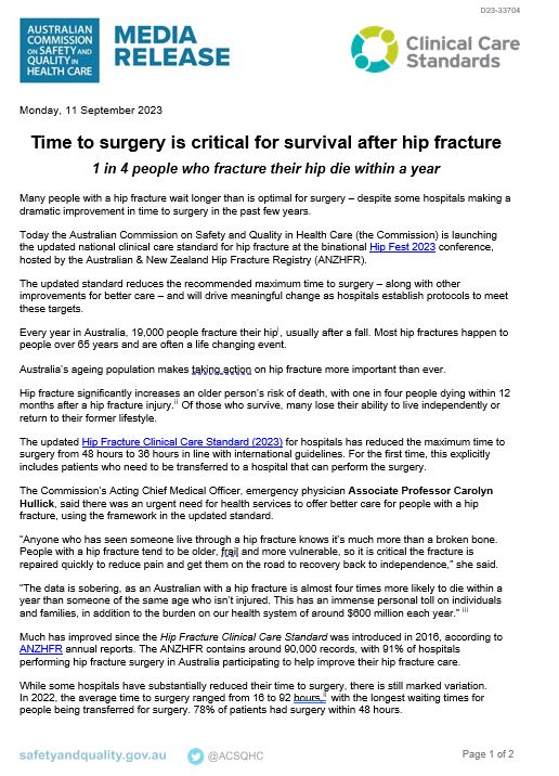 MEDIA RELEASE image - Updated Hip Fracture Clinical Care Standard launch 2023