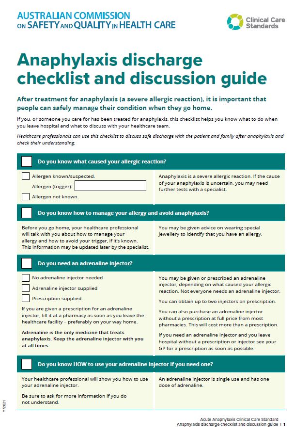 Thumbnail Anaphylaxis discharge checklist and discussion guide small picture