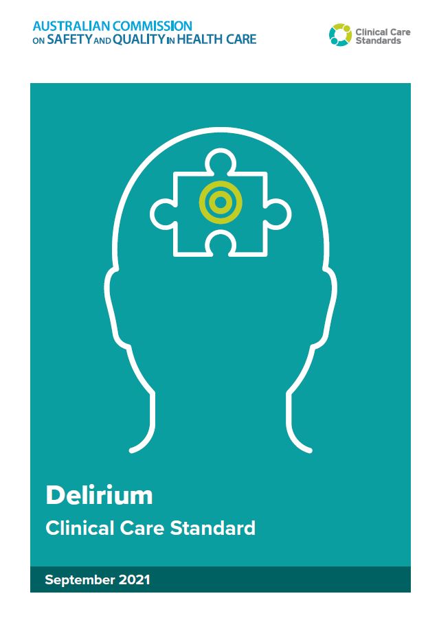 Small pic of head with puzzle piece, cover of Delirium Clinical Care Standards page. 