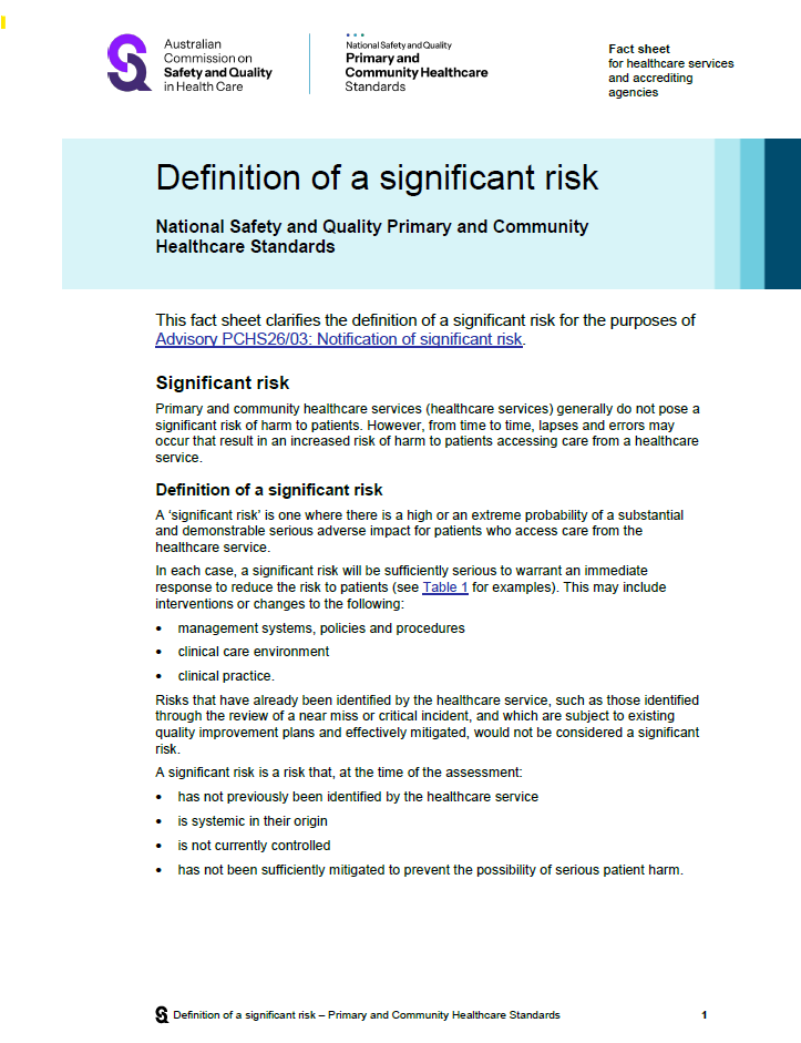 Definition of a significant risk - National Safety and Quality Primary and Community Healthcare Standards
