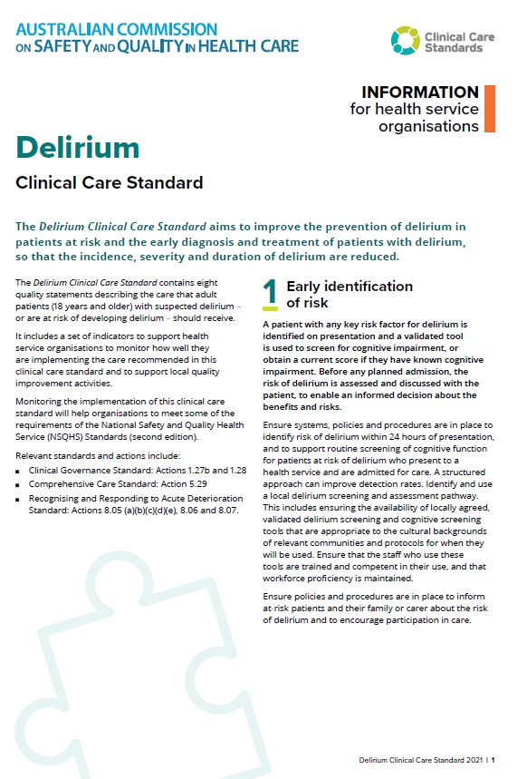 Small pic of the Delirium Clinical Care Standard Health Service Organisation Fact Sheet