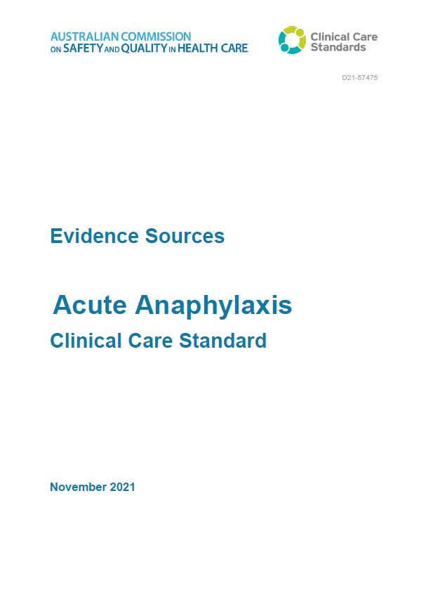 A small picture of the cover of the Acute Anaphylaxis Clinical Care Standard. Cover has no pictures, only text. 