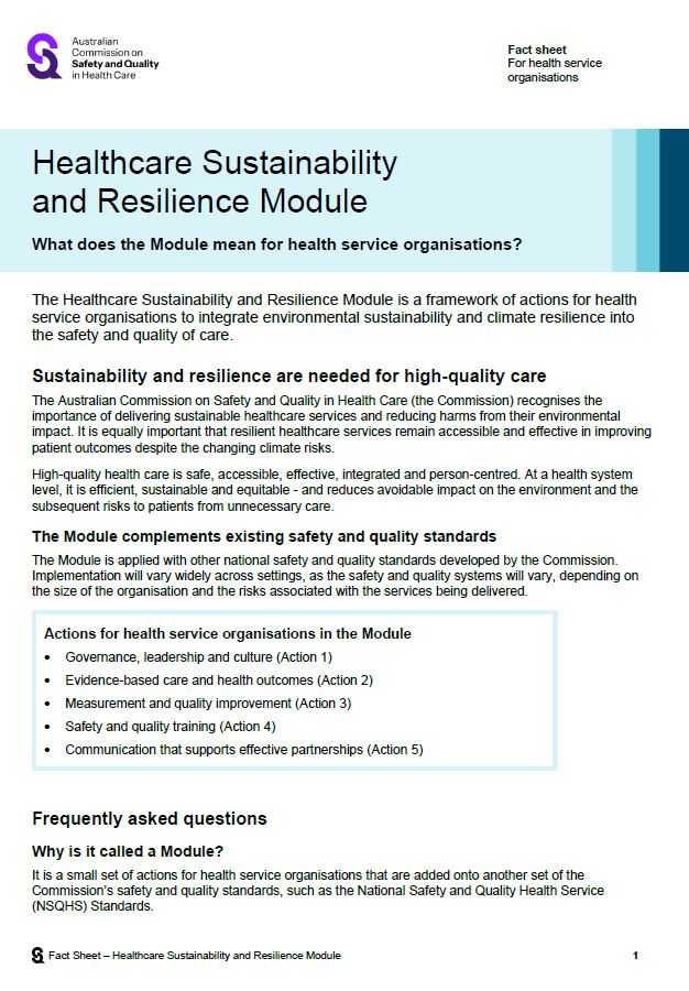 cover page for the fact sheet for the healthcare sustainability and resilience module