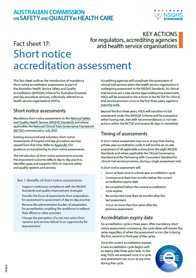 An image of the first page of Fact sheet 17: Short-notice accreditation assessment