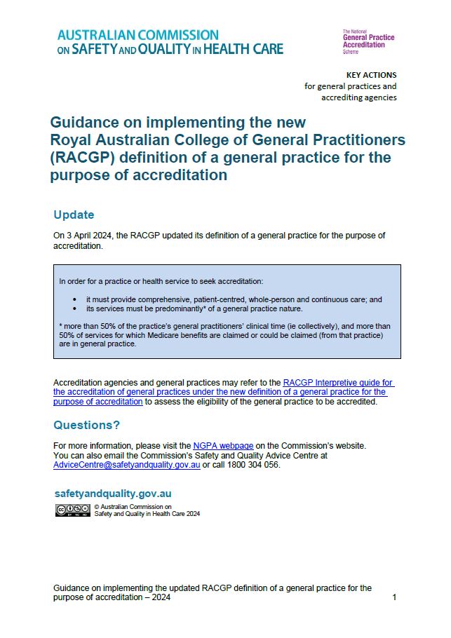 Guidance on implementing the new Royal Australian College of General Practitioners (RACAGP) definition of a general practice for the purpose of accreditation