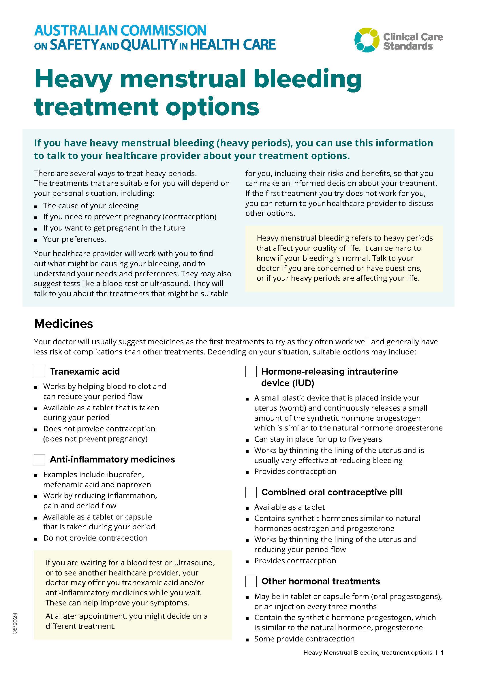 Heavy menstrual bleeding treatment options fact sheet