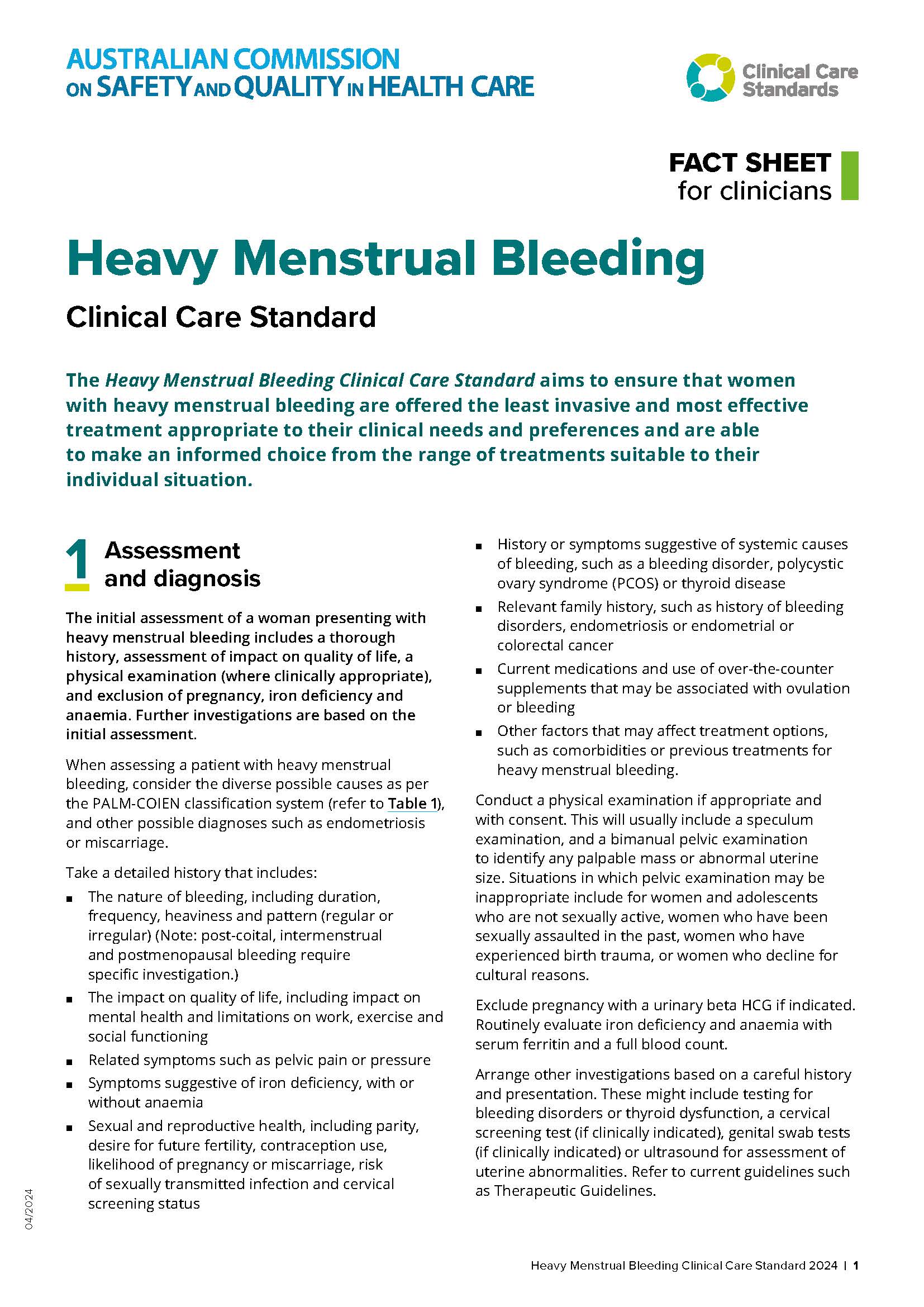Clinician fact sheet - Heavy Menstrual Bleeding Clinical Care Standard