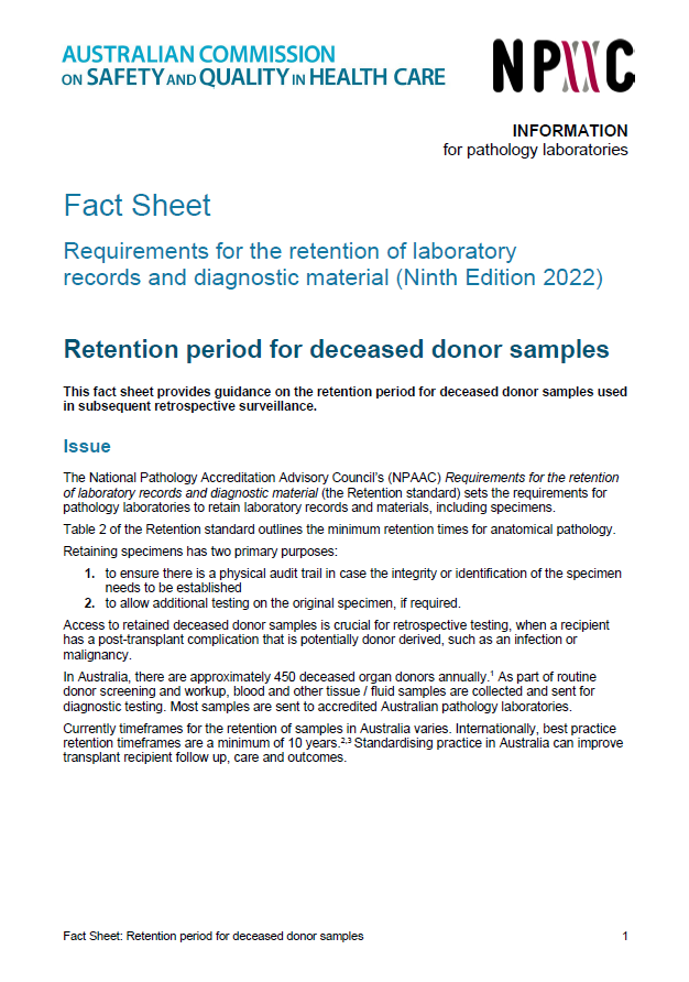 An image of the first page of Retention period for deceased donor samples