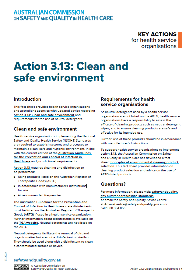 An image of the front cover of Action 3.13 Clean and safe environment