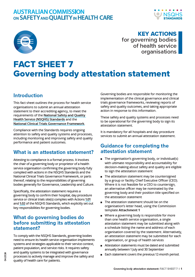 An image of the first page of Fact Sheet 07 - Governing Body Attestation Statement