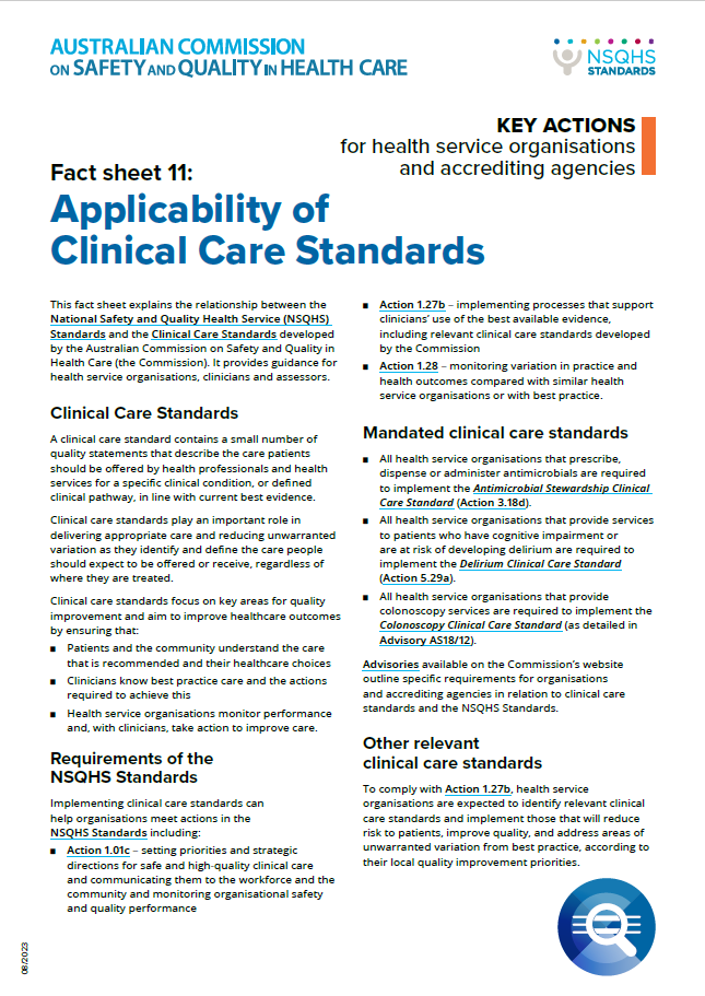 An image of the first page of Fact Sheet 11: Applicability of Clinical Care Standards