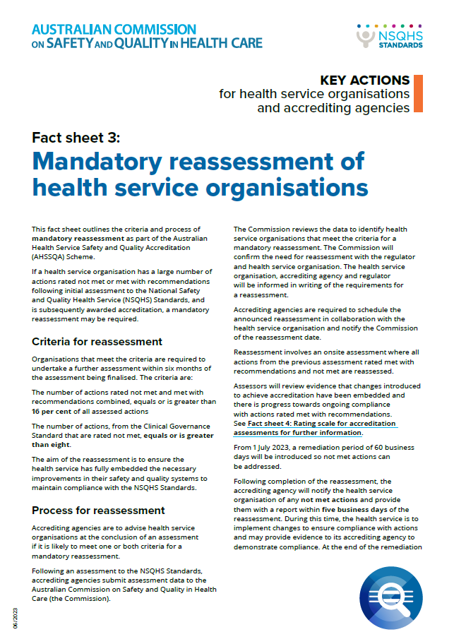An image of the first page of Fact Sheet 3 Mandatory reassessment of health service organisations