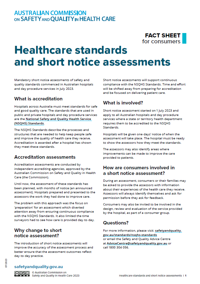 An image of the front page of Fact sheet for consumers healthcare standards and short notice assessments