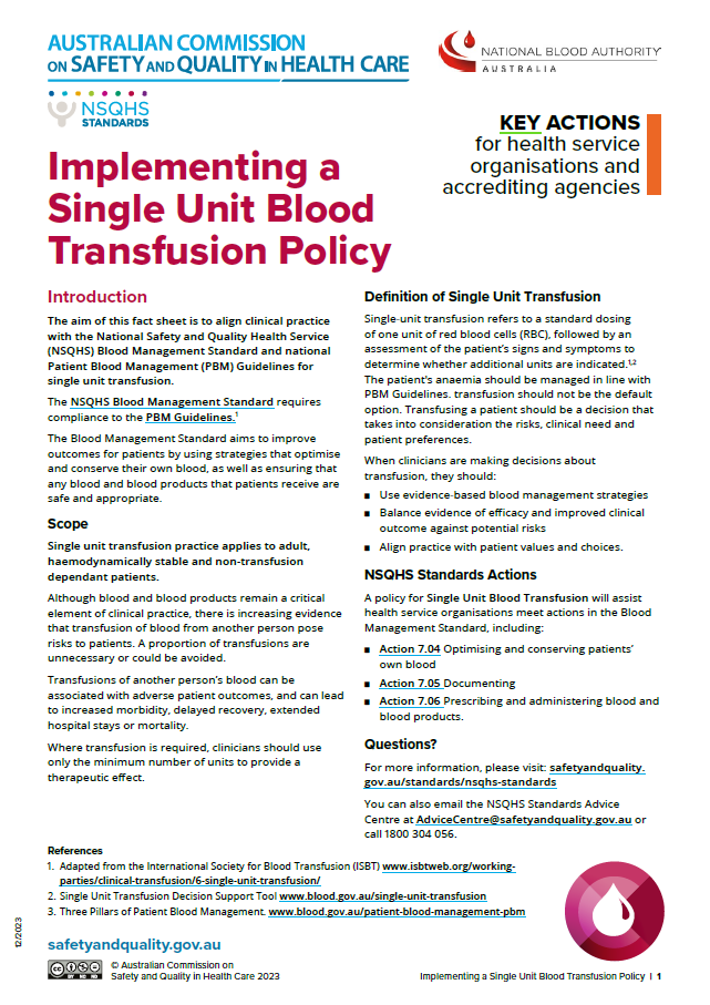 An image of the first page of the fact sheet Implementing a single unit blood transfusion policy.