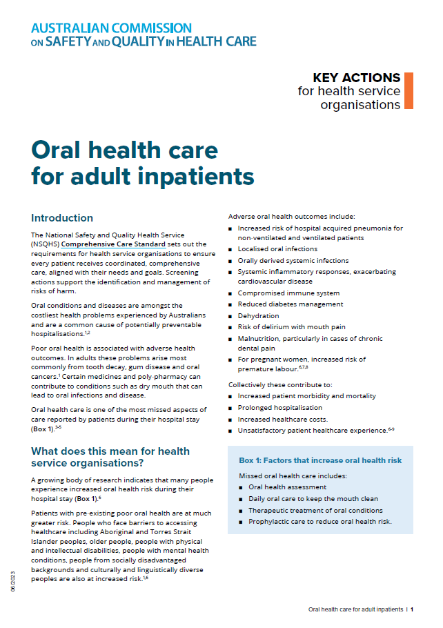 An image of the first page of the Oral health for adult inpatients: fact sheet