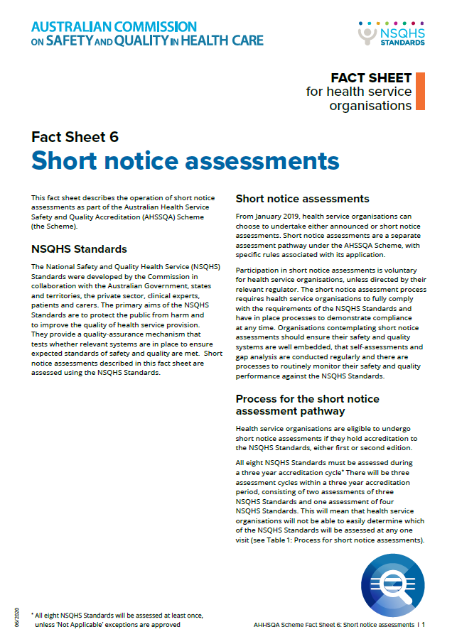 An image of the front page of Fact sheet 6: Short notice assessments