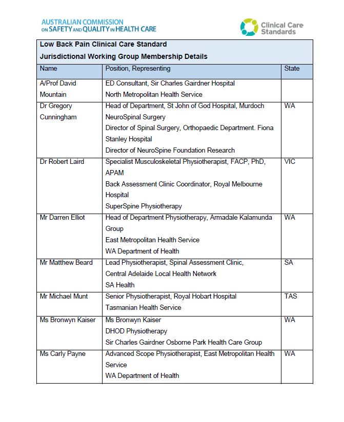 Small pic of Low Back Pain Clinical Care Standard Jurisdictional Working Group