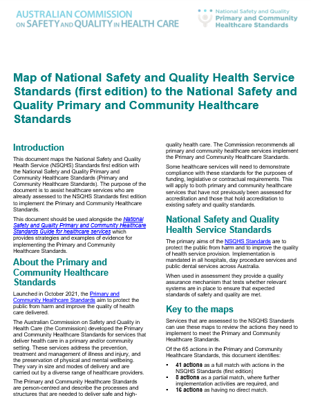 An image of a resource mapping the Primary and Community Healthcare Standards to the NSQHS Standards (first edition)