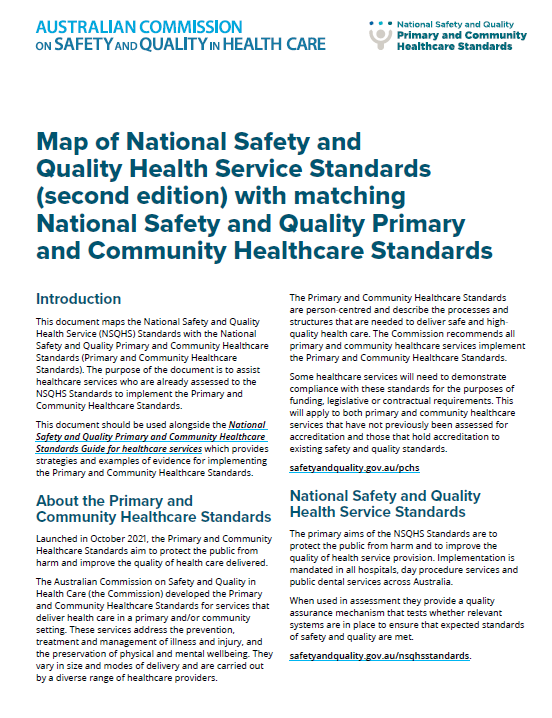 An image of a fact sheet mapping the NSQHS Standards to the Primary and Community Healthcare Standards