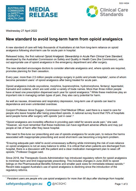 Media Release - Opioid Analgesic Stewardship in Acute Pain CCS - thumbnail image 