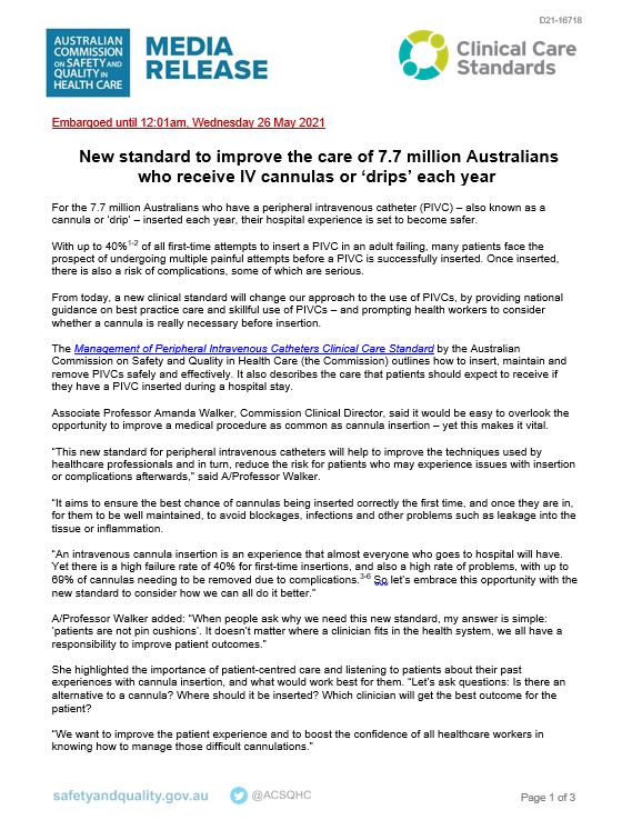 Media Release for Peripheral Intravenous Catheters Clinical Care Standard launch