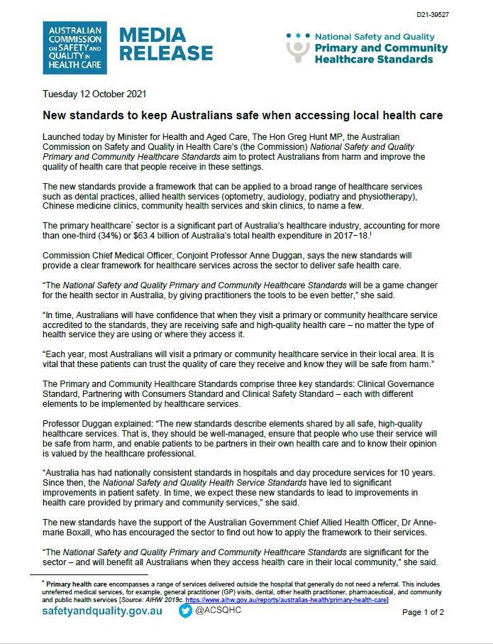 Media Release thumbnail - Primary and Community Healthcare Standards