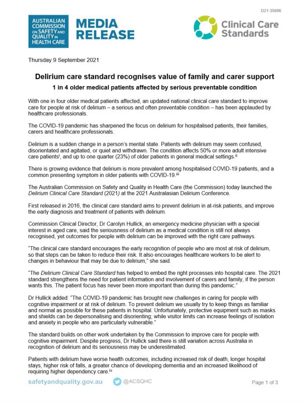 Media Release - Delirium Clinical Care Standard 2021 - thumbnail