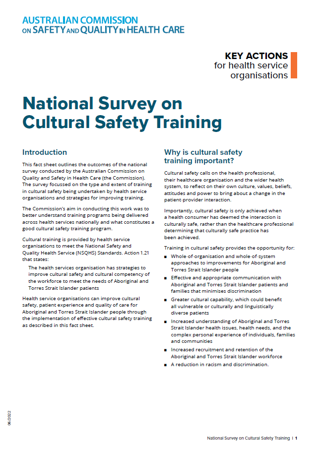 Front page of the National Survey on Cultural Safety Training fact sheet