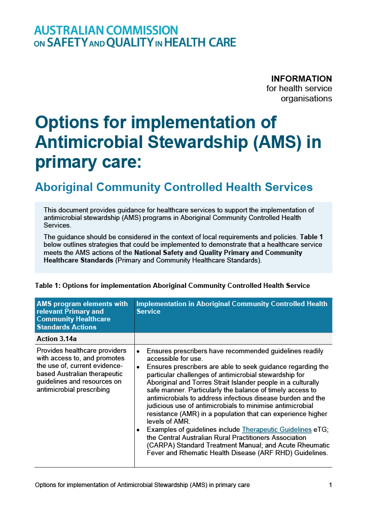 Options for implementation of AMS primary care Aboriginal Community Controlled Health Service