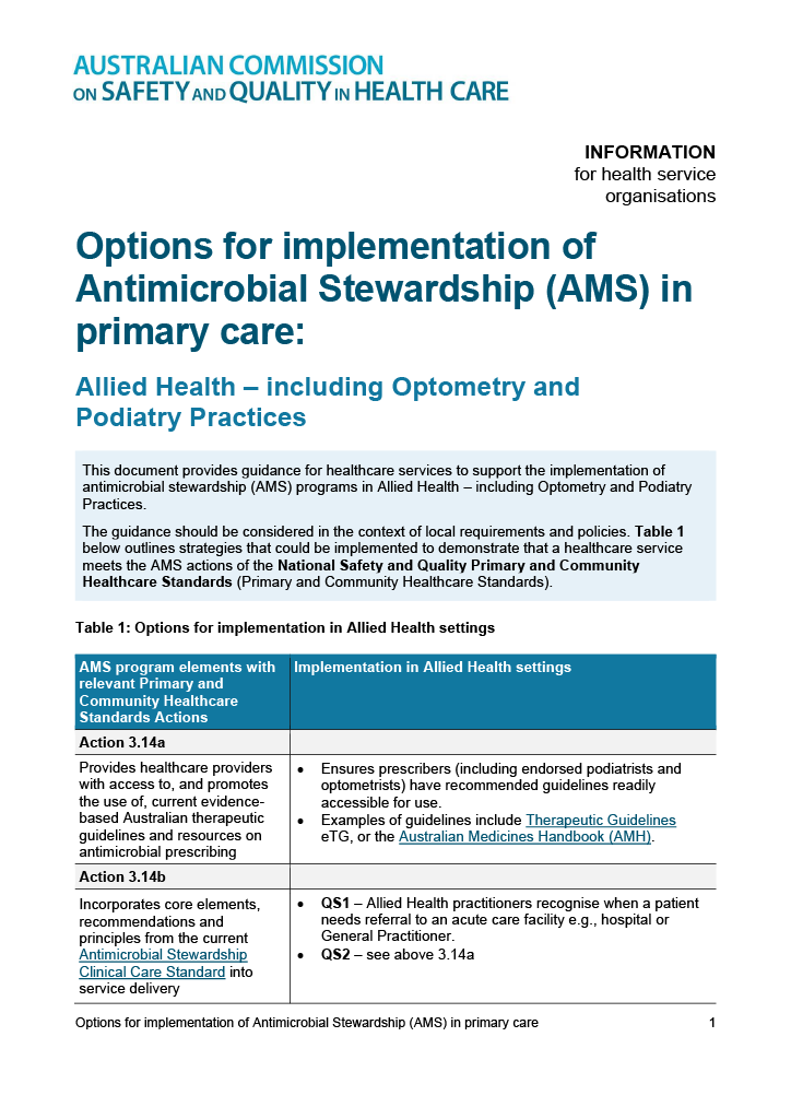Options for implementation of AMS primary care Allied Health incl Optometry and Podiatry Practices