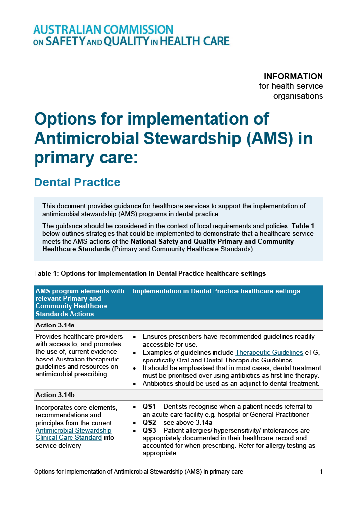 Options for implementation of AMS primary care Dental Practice