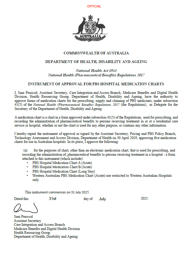 Instrument of Approval for PBS hospital medication charts - 2025