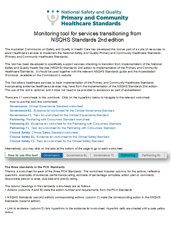 An image of the first worksheet in the Primary and Community Healthcare Standards monitoring tool