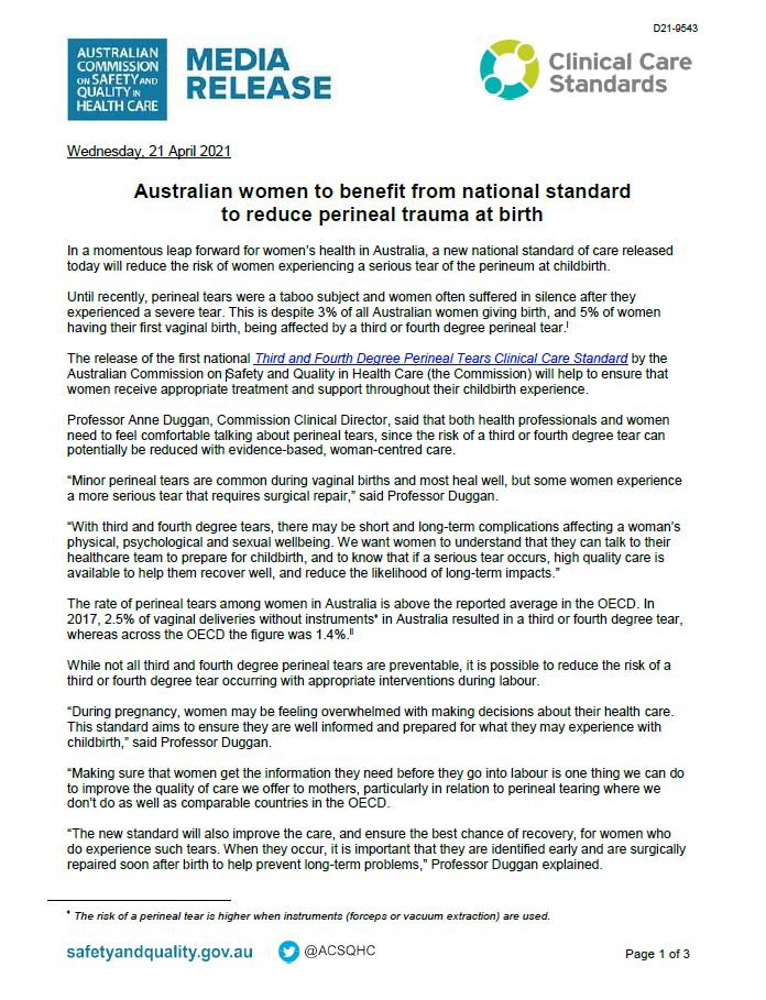 Media Release - Australian women to benefit from national standard to reduce perineal trauma at birth