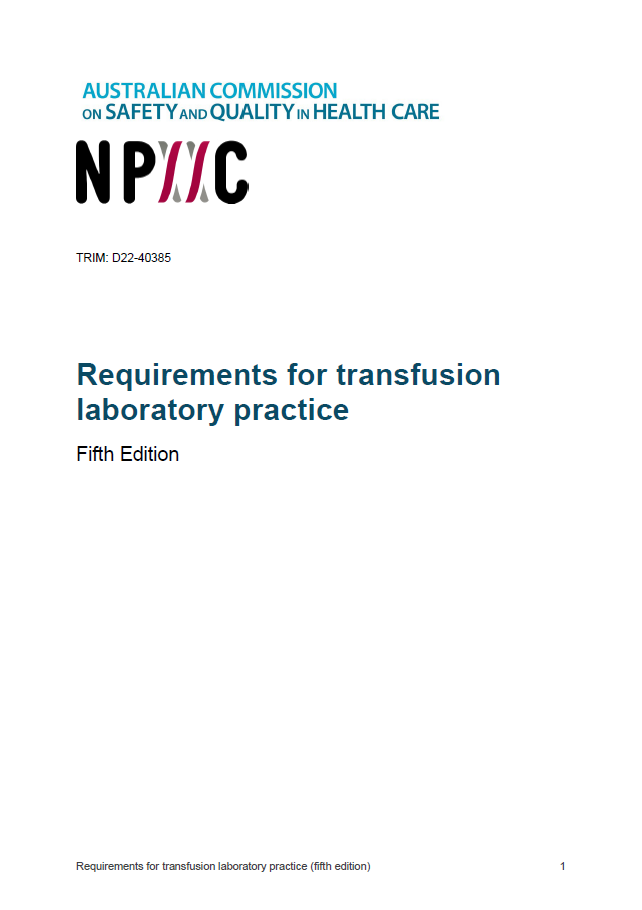 An image of the cover page of the document Requirements for transfusion laboratory practice (Fifth Edition 2023)