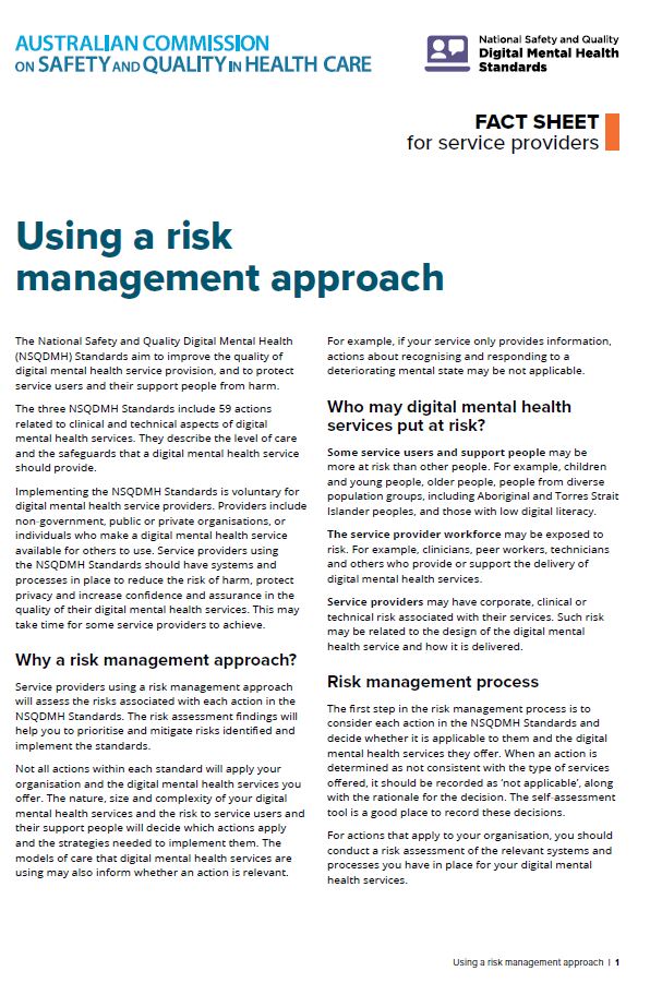 Fact sheet - Applying the NSQDMH Standards Using a Risk Management Approach