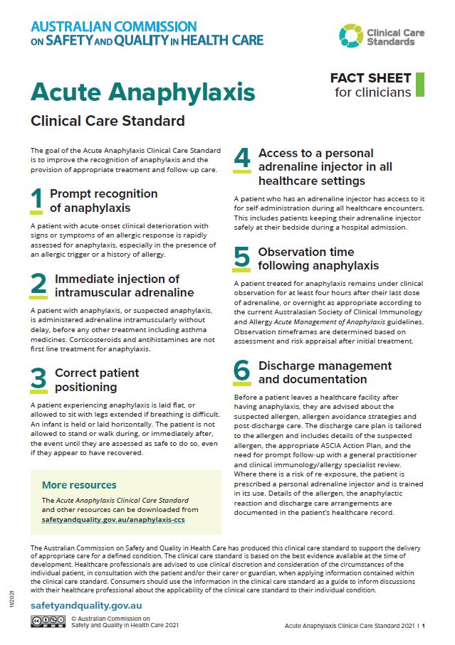 Thumbnail of Acute Anaphylaxis Clinical Care Standard Factsheet for Clinicians pic