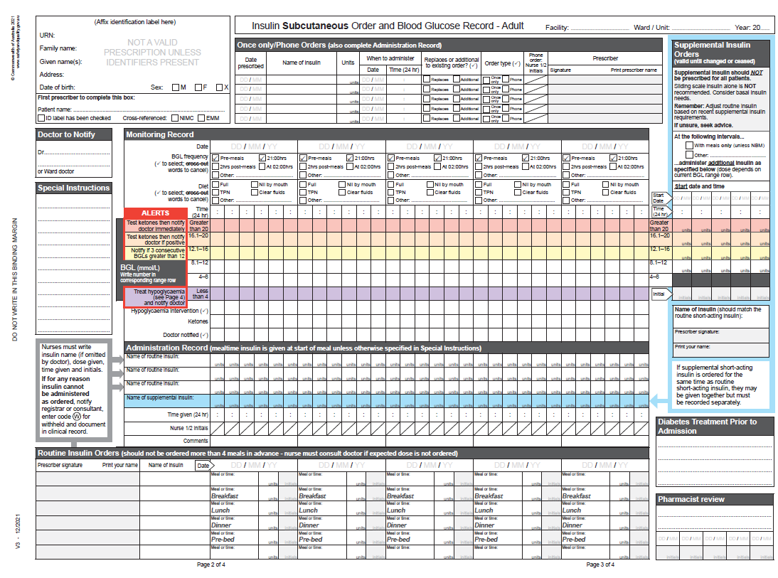 National subcutaneous insulin chart - non-acute