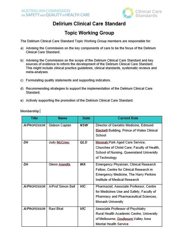 Small picture of Delirium Topic Working Group list